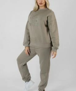 Public Desire UK KAIIA CLOTHING Be Your Own Muse Embroidered Sweatshirt Khaki