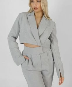 Public Desire UK KAIIA CLOTHING Tailored Boxy Cropped Blazer Grey