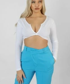 Public Desire UK KAIIA CLOTHING Wrap Waistband Straight Leg Trouser Blue