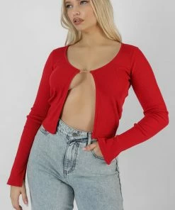 Public Desire UK KAIIA CLOTHING Kaiia Trim Ribbed Top Red