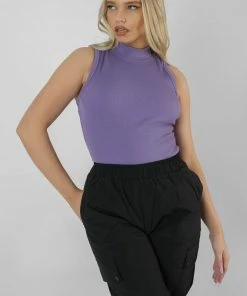Public Desire UK High Neck Rib Bodysuit Violet KAIIA CLOTHING