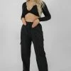 Public Desire UK KAIIA CLOTHING Twist Front Long Sleeve Crop Top Black