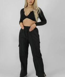 Public Desire UK KAIIA CLOTHING Twist Front Long Sleeve Crop Top Black
