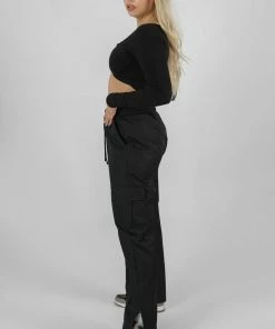 Public Desire UK KAIIA CLOTHING Twist Front Long Sleeve Crop Top Black