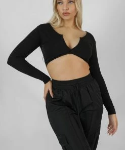 Public Desire UK KAIIA CLOTHING Twist Front Long Sleeve Crop Top Black