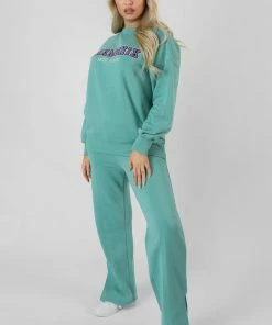 Public Desire UK Oversized Embroidered Slogan Sweatshirt Aqua