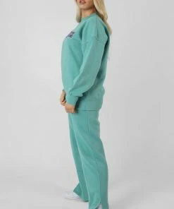 Public Desire UK Oversized Embroidered Slogan Sweatshirt Aqua