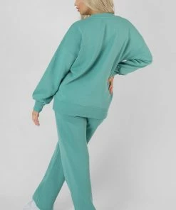 Public Desire UK Oversized Embroidered Slogan Sweatshirt Aqua