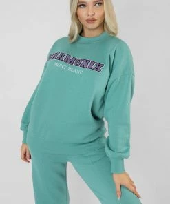 Public Desire UK Oversized Embroidered Slogan Sweatshirt Aqua