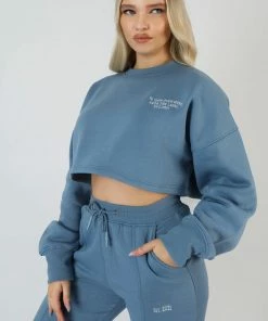 Public Desire UK KAIIA CLOTHING Be Your Own Muse Wave Print Cropped Sweatshirt Blue