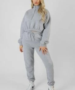 Public Desire UK KAIIA CLOTHING Half Zip Ribbed Cropped Sweatshirt Grey Marl