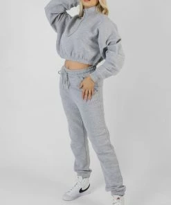 Public Desire UK KAIIA CLOTHING Half Zip Ribbed Cropped Sweatshirt Grey Marl