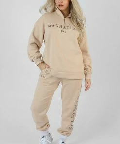 Public Desire UK Manhattan Half Zip Sweatshirt Stone KAIIA CLOTHING