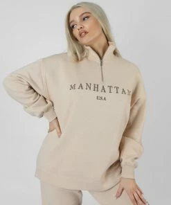 Public Desire UK Manhattan Half Zip Sweatshirt Stone KAIIA CLOTHING