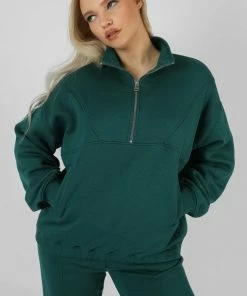 Public Desire UK Oversized Half Zip Sweatshirt Forest Green