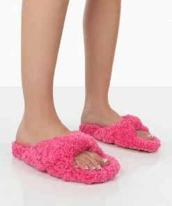 Public Desire UK Slumber Pink Teddy Cross Over Strap Slippers