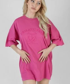 Public Desire UK KAIIA CLOTHING Philadelphia Embroidered T Shirt Dress Magenta