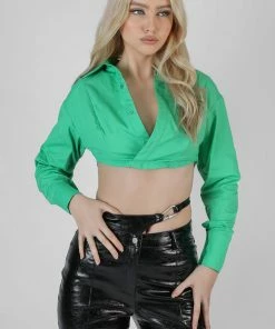 Public Desire UK Wrap Cropped Poplin Shirt Green