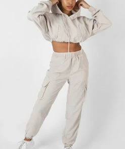 Public Desire UK KAIIA CLOTHING Cord Cropped Hoodie Ecru
