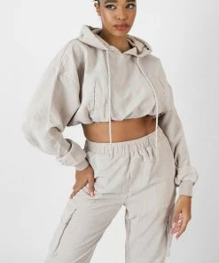 Public Desire UK KAIIA CLOTHING Cord Cropped Hoodie Ecru