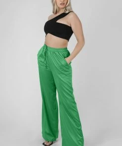 Public Desire UK Satin Wide Leg Trousers Green