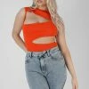 Public Desire UK Asymmetric Cut Away Bodysuit Orange KAIIA CLOTHING