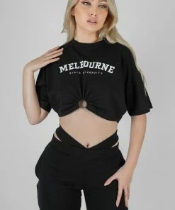 Public Desire UK KAIIA CLOTHING Melbourne Bull Ring Hem Cropped T-Shirt Black