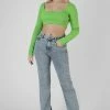 Public Desire UK Long Sleeve Square Neck Crop Top Green KAIIA CLOTHING