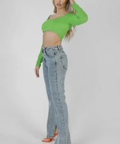 Public Desire UK Long Sleeve Square Neck Crop Top Green KAIIA CLOTHING