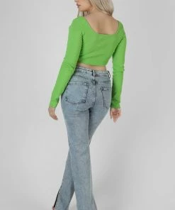 Public Desire UK Long Sleeve Square Neck Crop Top Green KAIIA CLOTHING