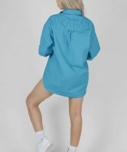 Public Desire UK Kaiia Print Oversized Poplin Shirt Blue