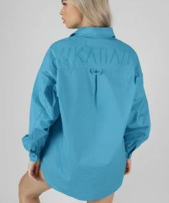 Public Desire UK Kaiia Print Oversized Poplin Shirt Blue