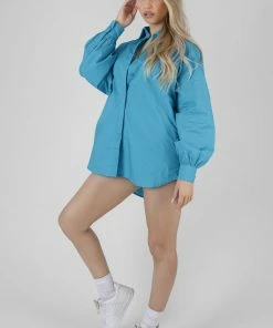 Public Desire UK Kaiia Print Oversized Poplin Shirt Blue