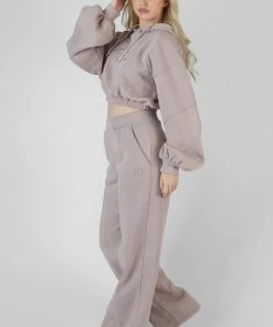 Public Desire UK Cropped Tonal Embroidery Hoodie Ash