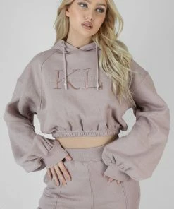 Public Desire UK Cropped Tonal Embroidery Hoodie Ash
