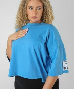 Public Desire UK KAIIA CLOTHING Curve Oversized Boxy Cropped Patch T-Shirt Blue