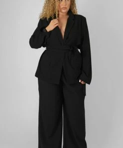 Public Desire UK Curve Premium Tie Waist Wide Leg Trousers Black