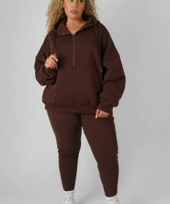 Public Desire UK Curve Oversized Half Zip Hoody Chocolate KAIIA CLOTHING