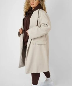 Public Desire UK Curve Longline Oversized Wool Coat Stone