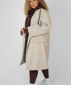 Public Desire UK Curve Longline Oversized Wool Coat Stone