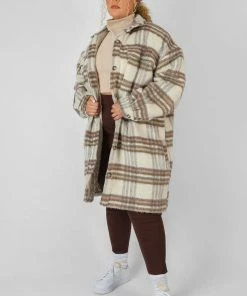 Public Desire UK Curve Longline Soft Touch Check Shacket Ecru