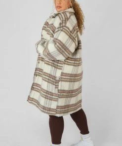 Public Desire UK Curve Longline Soft Touch Check Shacket Ecru