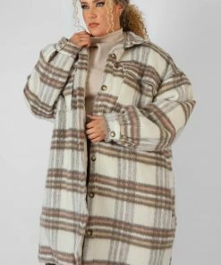 Public Desire UK Curve Longline Soft Touch Check Shacket Ecru