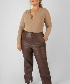 Public Desire UK Curve Zip Front Ribbed Bodysuit Light Brown