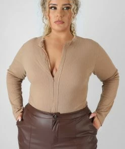 Public Desire UK Curve Zip Front Ribbed Bodysuit Light Brown
