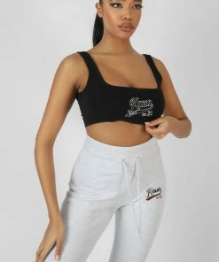 Public Desire UK Varsity Embroidery Crop Top Black KAIIA CLOTHING