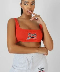 Public Desire UK Varsity Embroidery Crop Top Flame Red