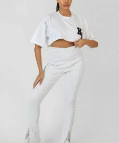 Public Desire UK KAIIA CLOTHING Split Front Straight Legging Oatmeal Marl