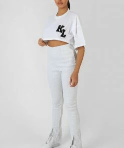 Public Desire UK KAIIA CLOTHING Split Front Straight Legging Oatmeal Marl