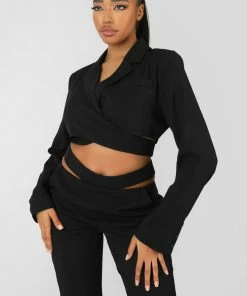 Public Desire UK Wrap Front Cropped Blazer Black KAIIA CLOTHING